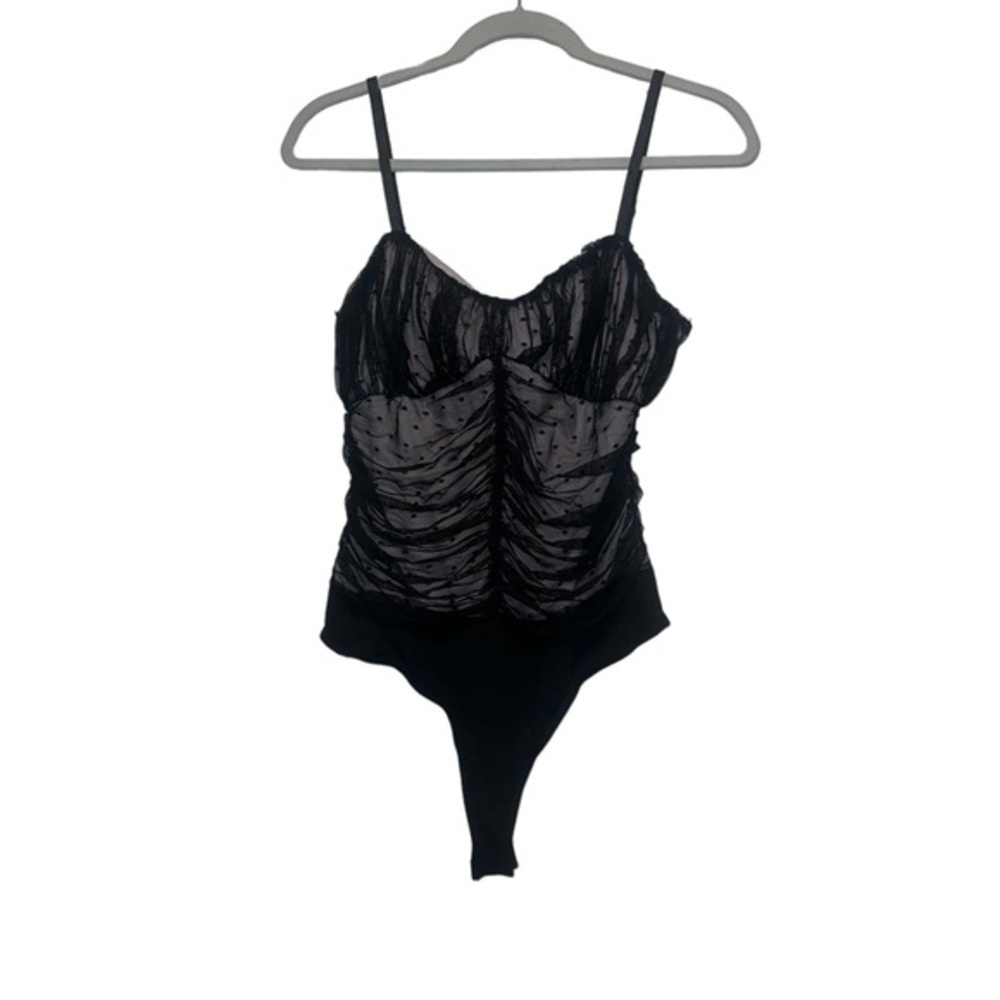 Lulu’s Y2K bodysuit polka dot smocked mesh ruffled black size L‎